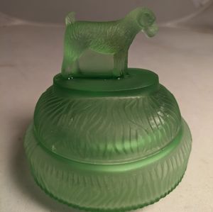 L.E. Smith  "STANDING TERRIER" Frosted Green Satin Glass Powder Jar 1930's. Lime